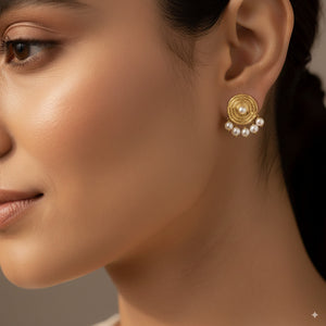 Gold Round Textured Earrings with Pearl Drops 