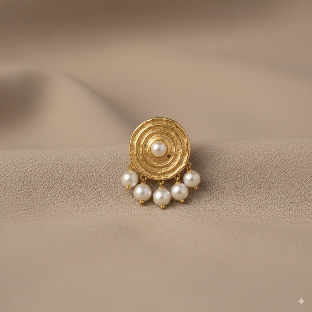 Gold Round Textured Earrings with Pearl Drops 
