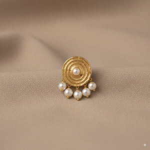 Gold Round Textured Earrings with Pearl Drops 