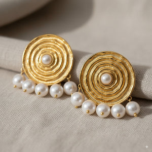 Gold Round Textured Earrings with Pearl Drops 