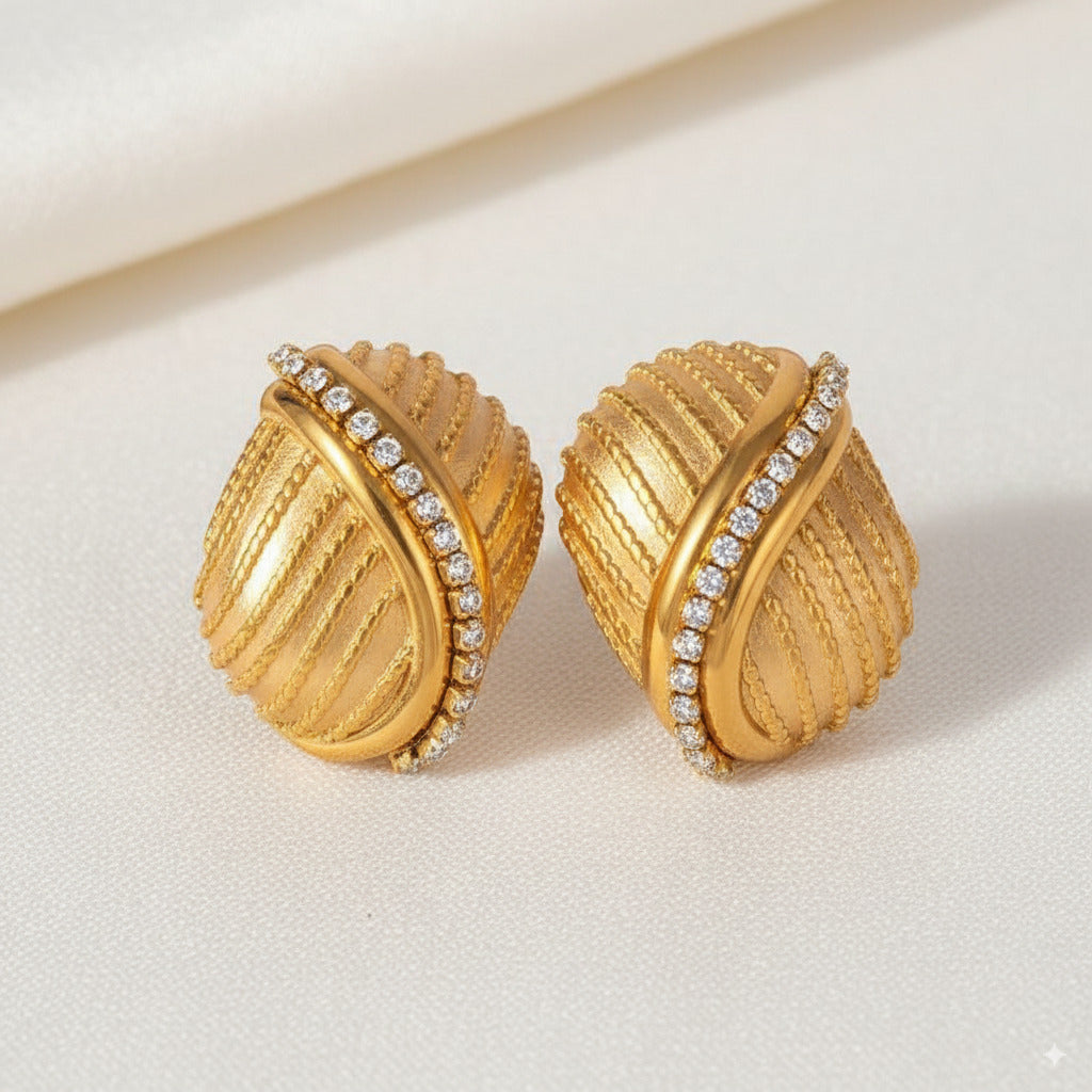 Gold Textured Statement Earrings with Crystal Accent 
