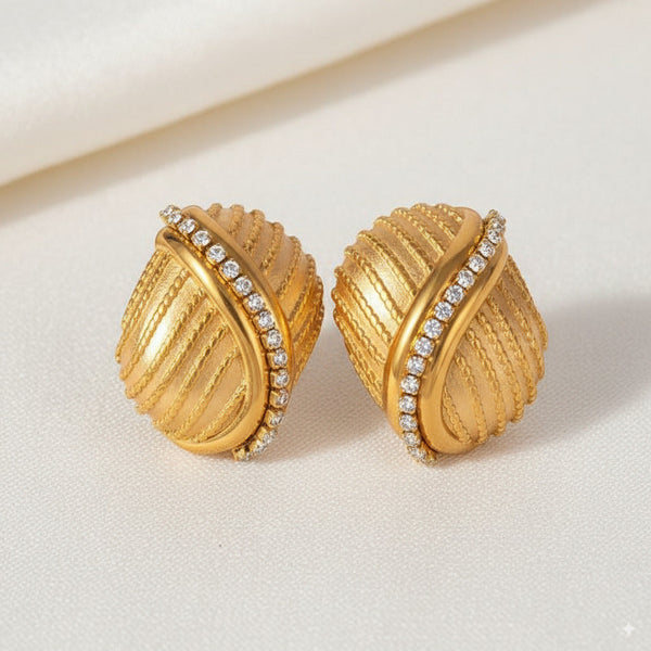 Gold Textured Statement Earrings with Crystal Accent 