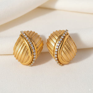Gold Textured Statement Earrings with Crystal Accent 