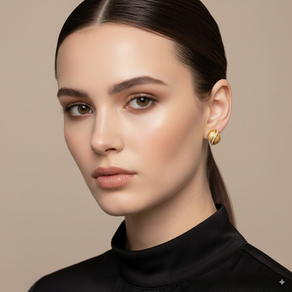 Gold Textured Statement Earrings with Crystal Accent 
