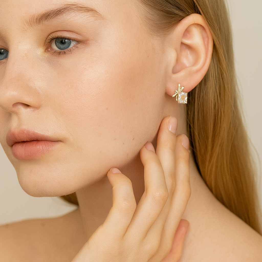 Golden Crystal Bow Stud Earrings - PEACORA