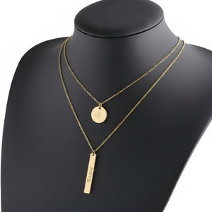 Golden Layered Bar & Oval Pendant Necklace — PEACORA