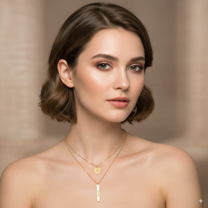 Golden Layered Bar & Oval Pendant Necklace — PEACORA