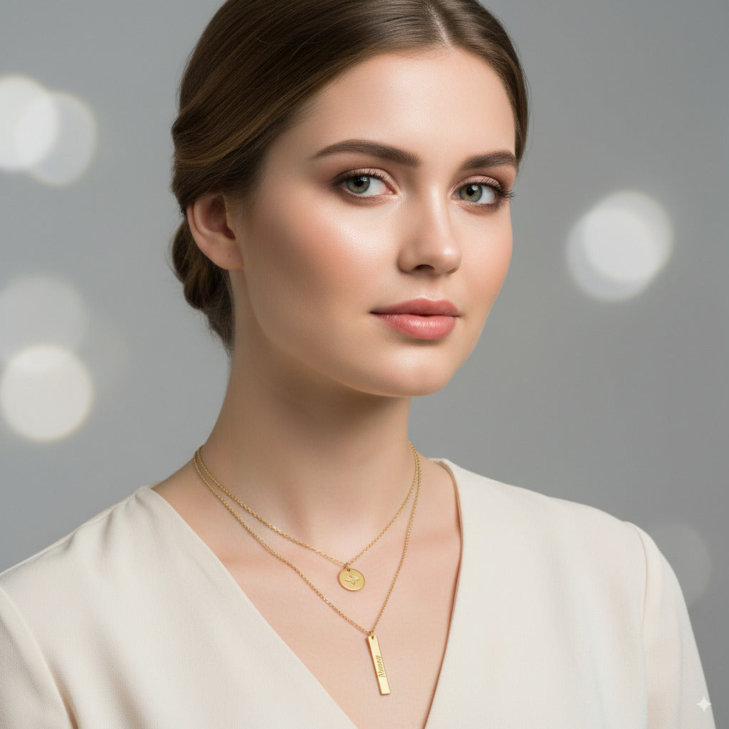 Golden Layered Bar & Oval Pendant Necklace — PEACORA