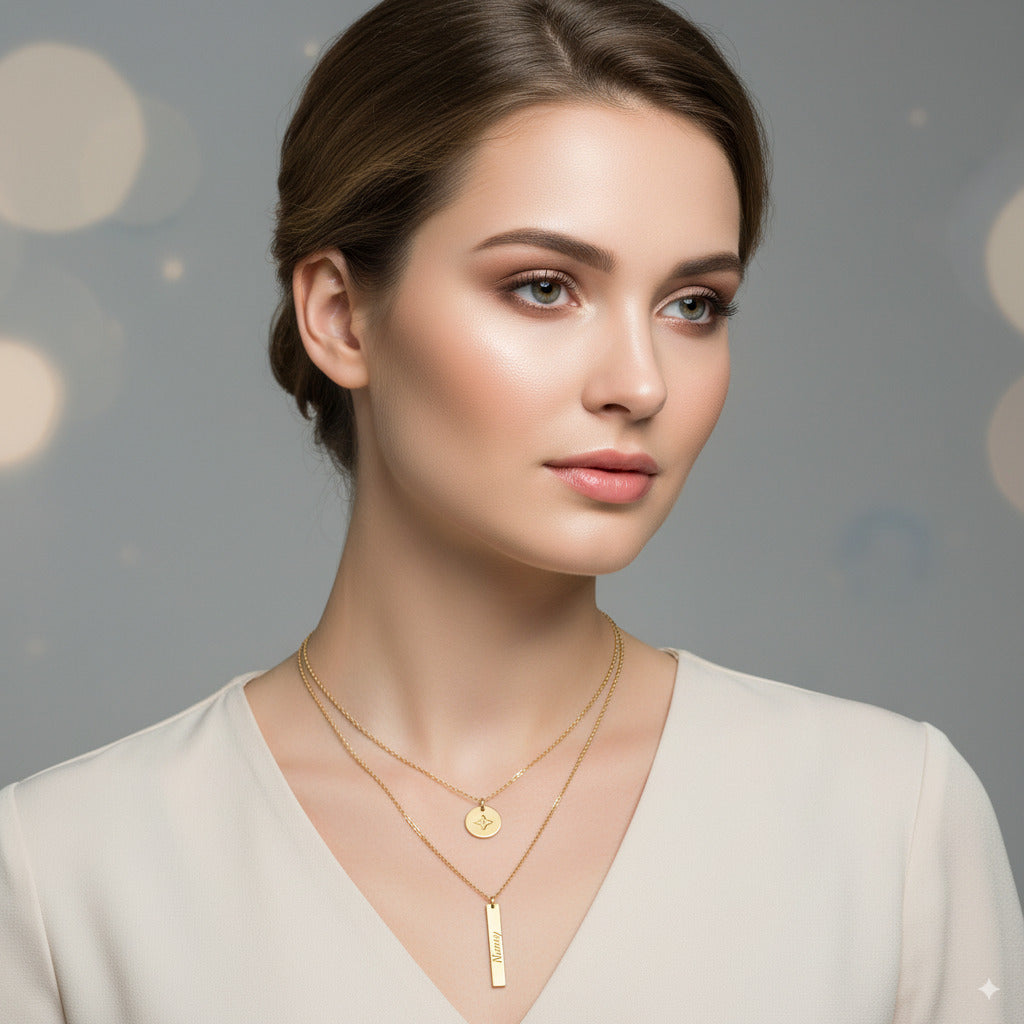 Golden Layered Bar & Oval Pendant Necklace — PEACORA