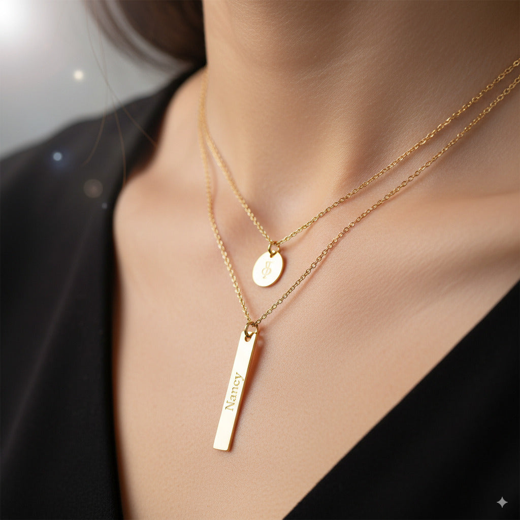 Golden Layered Bar & Oval Pendant Necklace — PEACORA