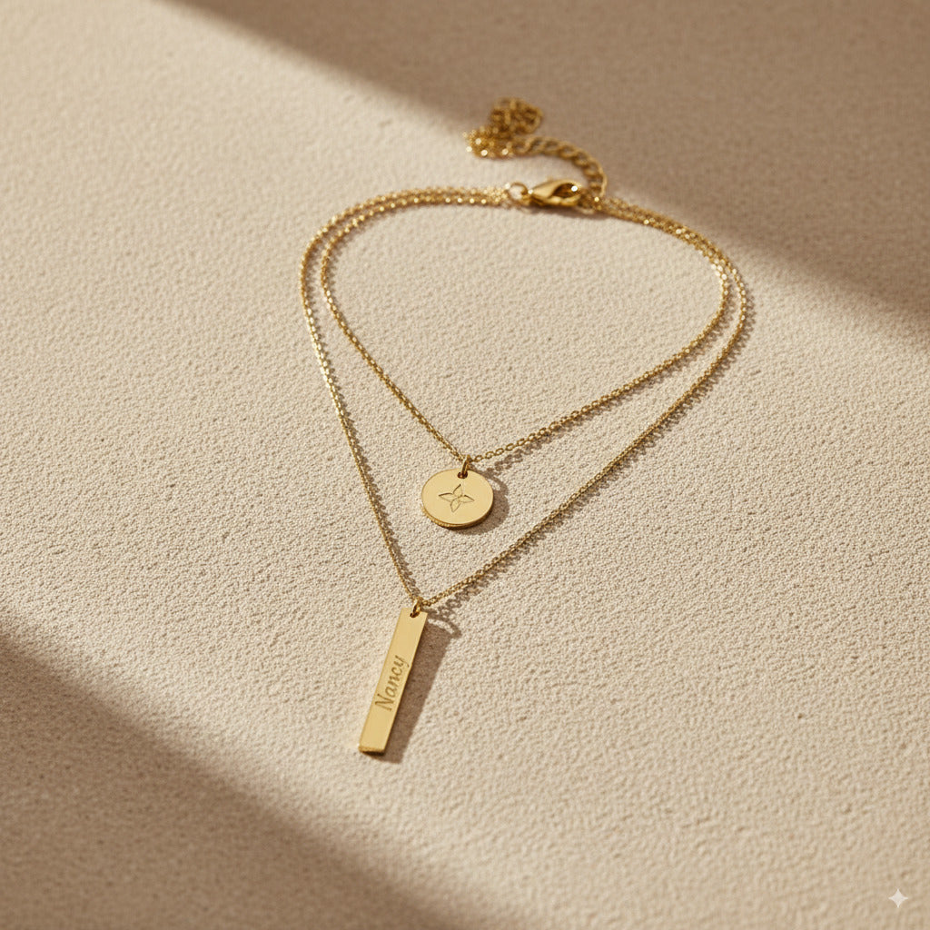 Golden Layered Bar & Oval Pendant Necklace — PEACORA