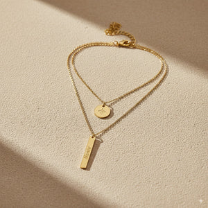 Golden Layered Bar & Oval Pendant Necklace — PEACORA