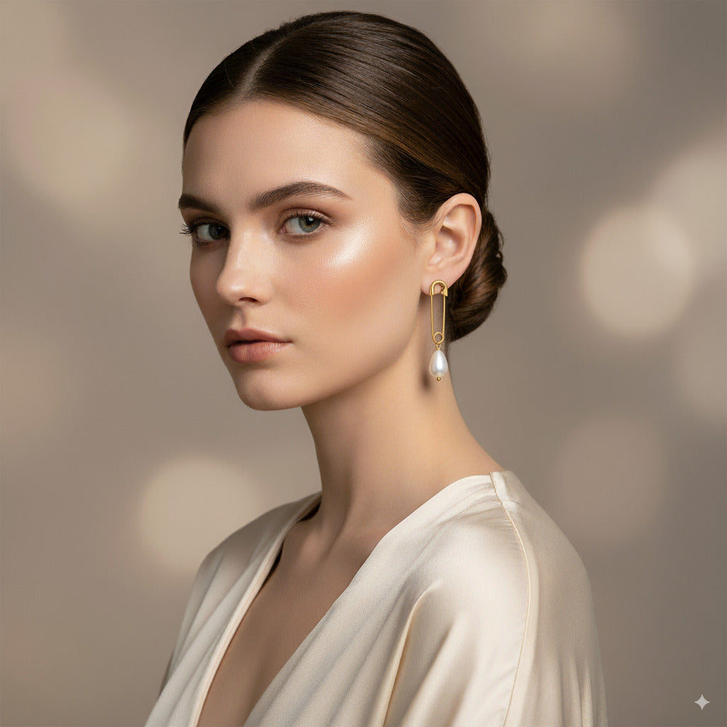 Safety Pin Pearl Drop Earrings 
