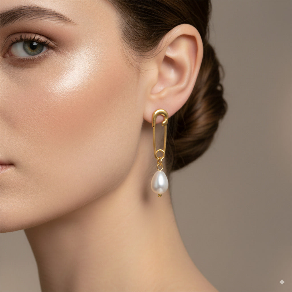 Safety Pin Pearl Drop Earrings 