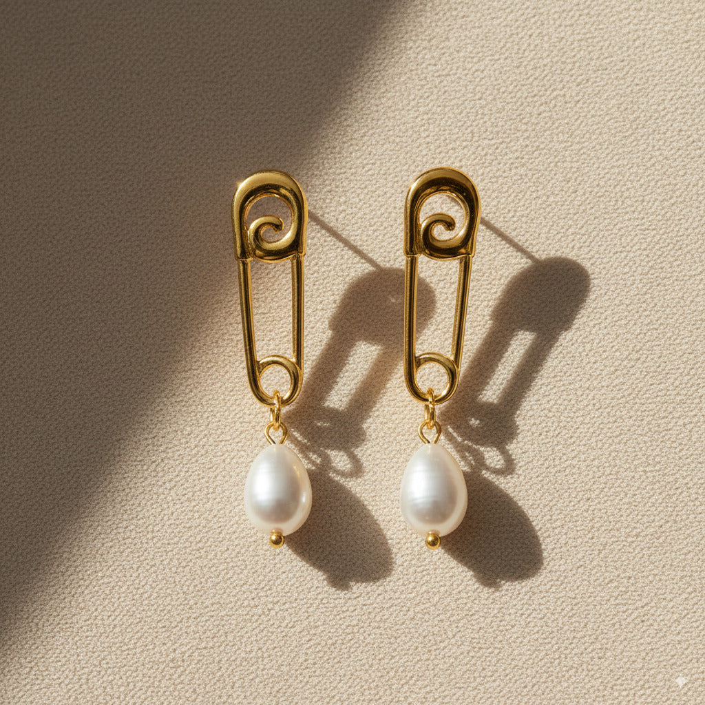 Safety Pin Pearl Drop Earrings 