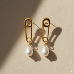 Load image into Gallery viewer, Safety Pin Pearl Drop Earrings 

