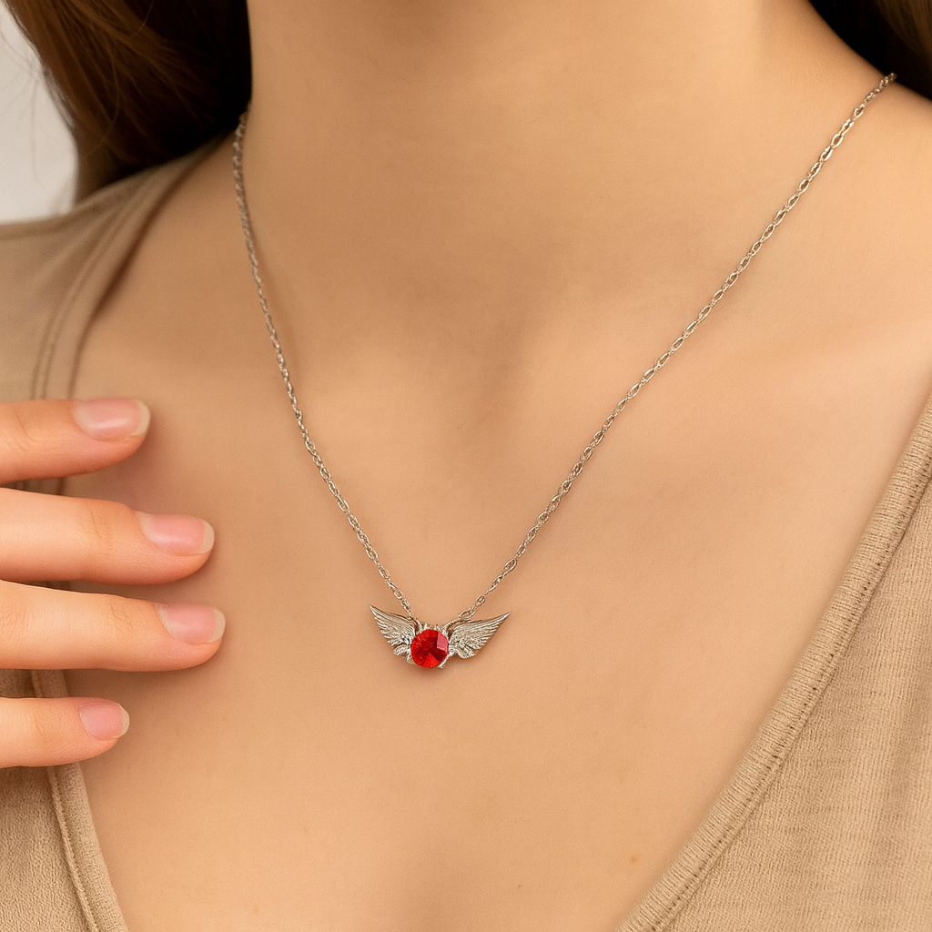 Silver Angel Wings Red Gem Necklace - PEACORA
