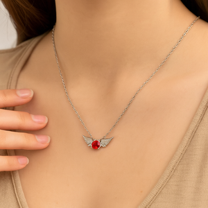 Silver Angel Wings Red Gem Necklace - PEACORA