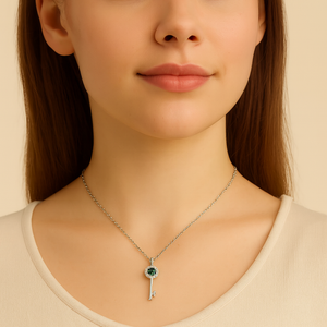 Silver Emerald Green Crystal Key Pendant Necklace - PEACORA