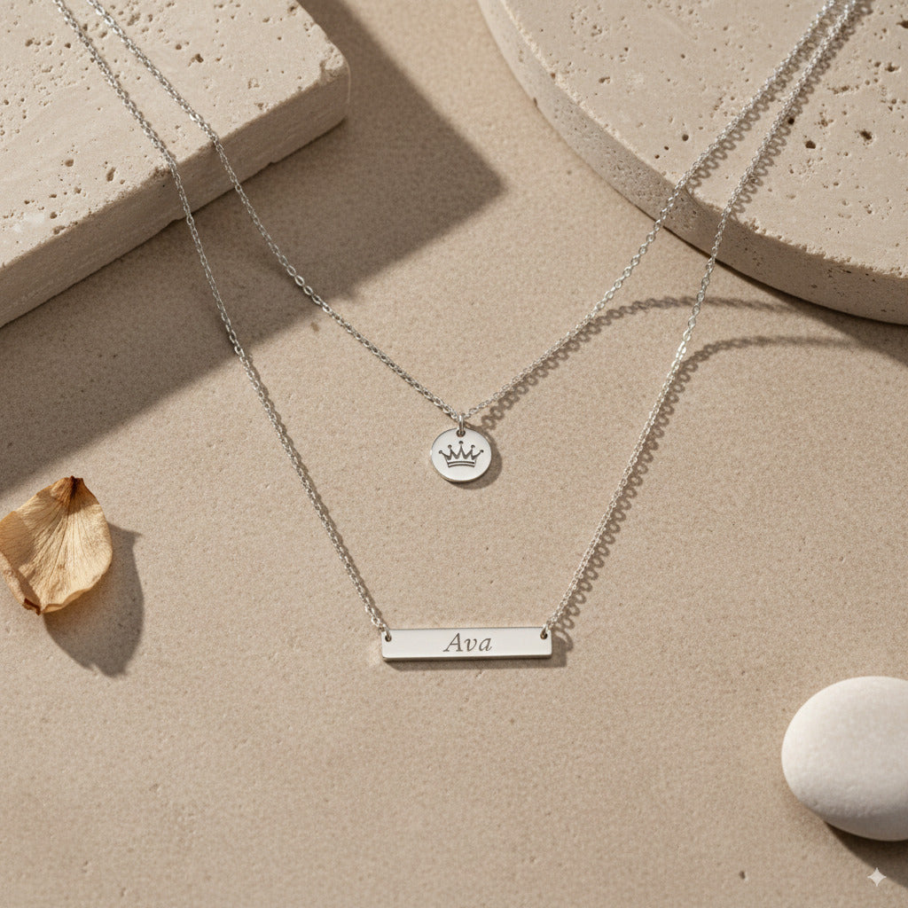 Silver Layered Bar & Disc Pendant Necklace — PEACORA