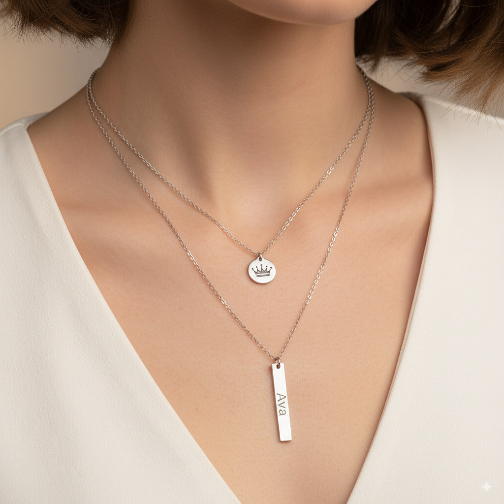 Silver Layered Bar & Disc Pendant Necklace — PEACORA