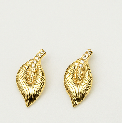 Golden Crystal Leaf Stud Earrings - PEACORA