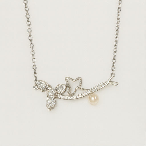Elegant Crystal Pearl Bow Necklace - PEACORA