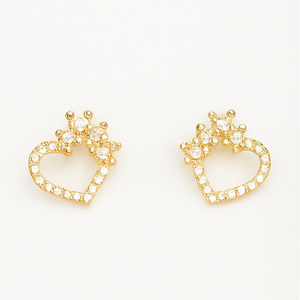 Gold Heart Crown Stud Earrings - PEACORA
