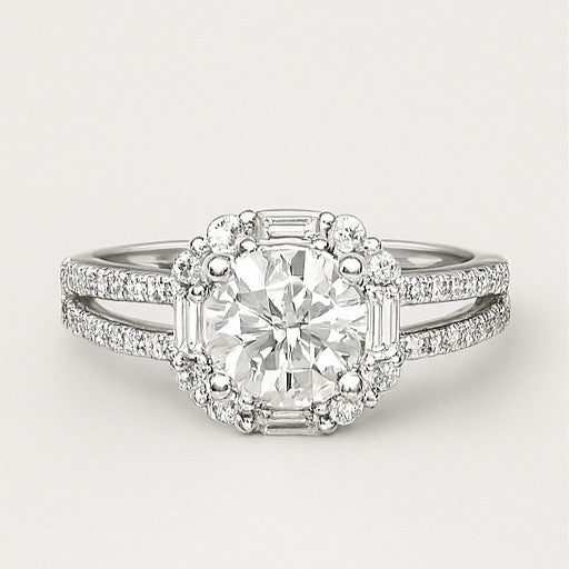 Round Moissanite Halo Split Band Ring