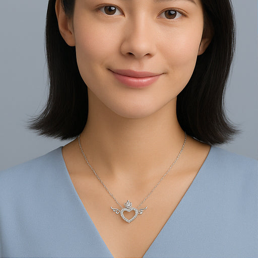 Silver Crowned Winged Heart Necklace - PEACORA