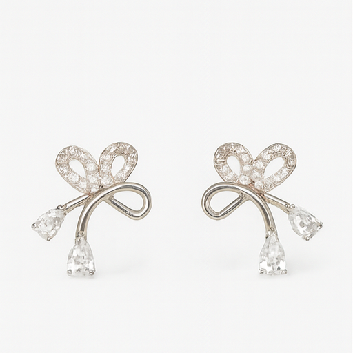 Silver Bow Drop Stud Earrings - PEACORA