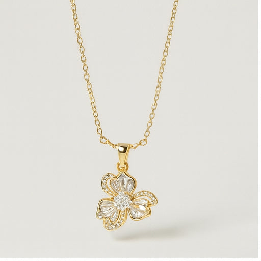 Gold Floral Crystal Pendant Necklace - PEACORA