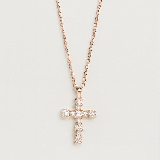 Rose Gold Vermeil Crystal Cross Necklace - PEACORA