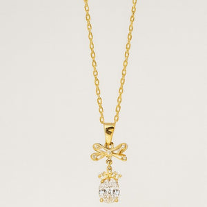 Gold Bow Crystal Pendant Necklace - PEACORA