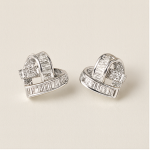 Silver Crystal Ribbon Heart Earrings - PEACORA