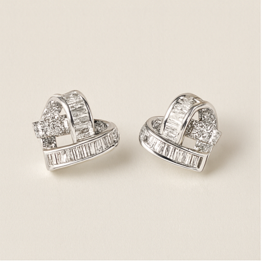 Silver Crystal Ribbon Heart Earrings - PEACORA