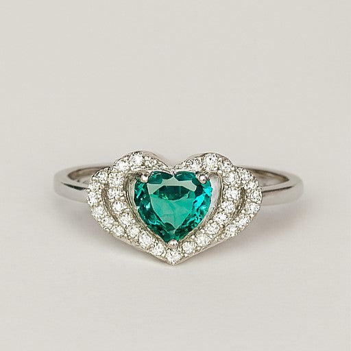 Emerald Green Heart Halo Promise Ring