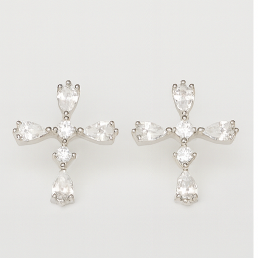 Silver Cross Crystal Stud Earrings - PEACORA