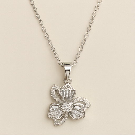Silver Floral Crystal Pendant Necklace - PEACORA