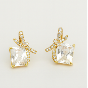 Golden Crystal Bow Stud Earrings - PEACORA