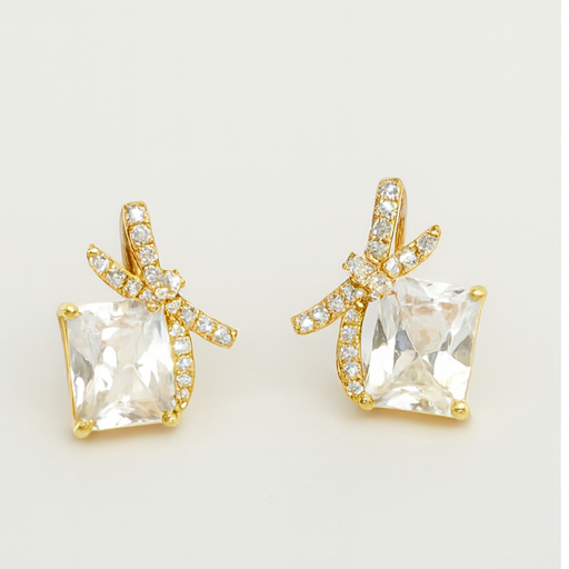 Golden Crystal Bow Stud Earrings - PEACORA