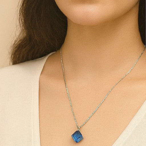 Silver Blue Cube Pendant Necklace - PEACORA