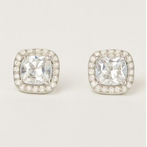 Cushion-Cut Halo Stud Earrings - PEACORA