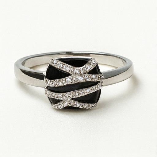 Black Enamel and Crystal Accent Ring