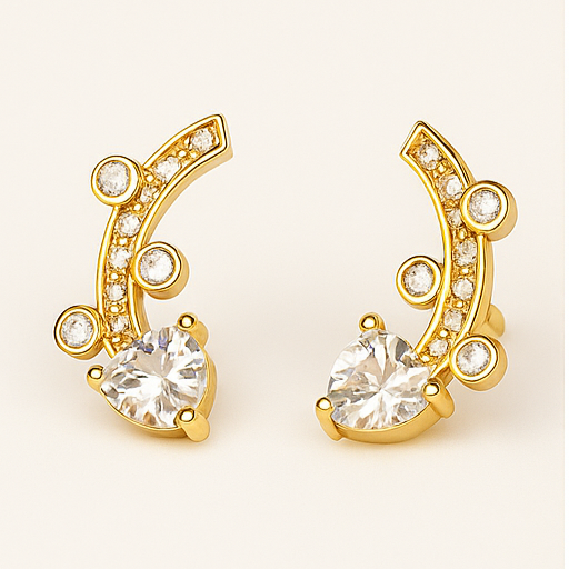 Gold Heart and Curve Stud Earrings - PEACORA