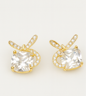 Gold Ribbon Bow Crystal Earrings - PEACORA