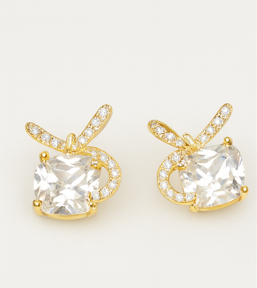 Gold Ribbon Bow Crystal Earrings - PEACORA
