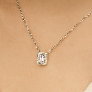 Silver Pink Gemstone Halo Necklace - PEACORA