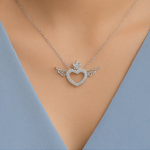 Silver Crowned Winged Heart Necklace - PEACORA