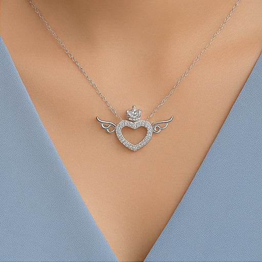 Silver Crowned Winged Heart Necklace - PEACORA